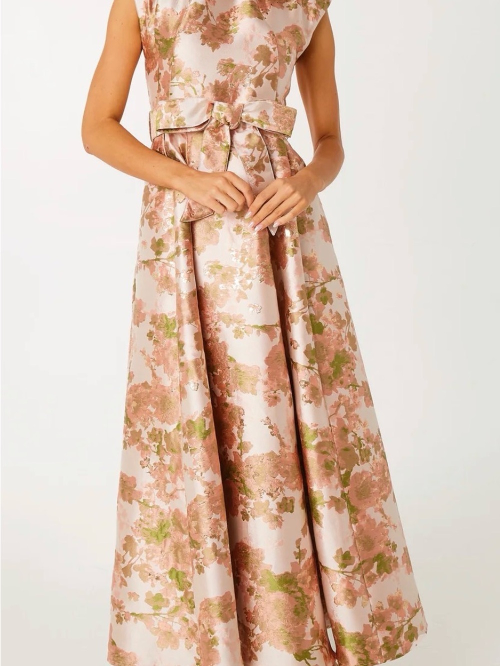 Floral Pink and Gold A-Line Maxi Dress with Bow